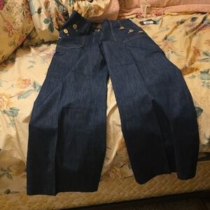 Michael Kors Dark Indigo Wide-Leg Jeans with Gold Buttons